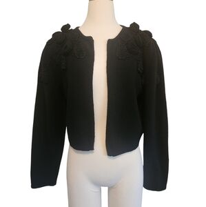 VINTAGE HERITAGE HOUSE CROTCHET FLOWER EMBELLISHED WOOL BLACK CARDIGAN SIZE M